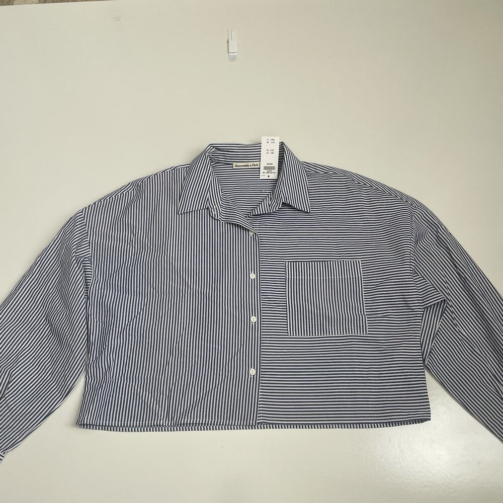 NEW Abercrombie & Fitch Medium Cropped Boxy Button-up Shirt Blue White Stripe